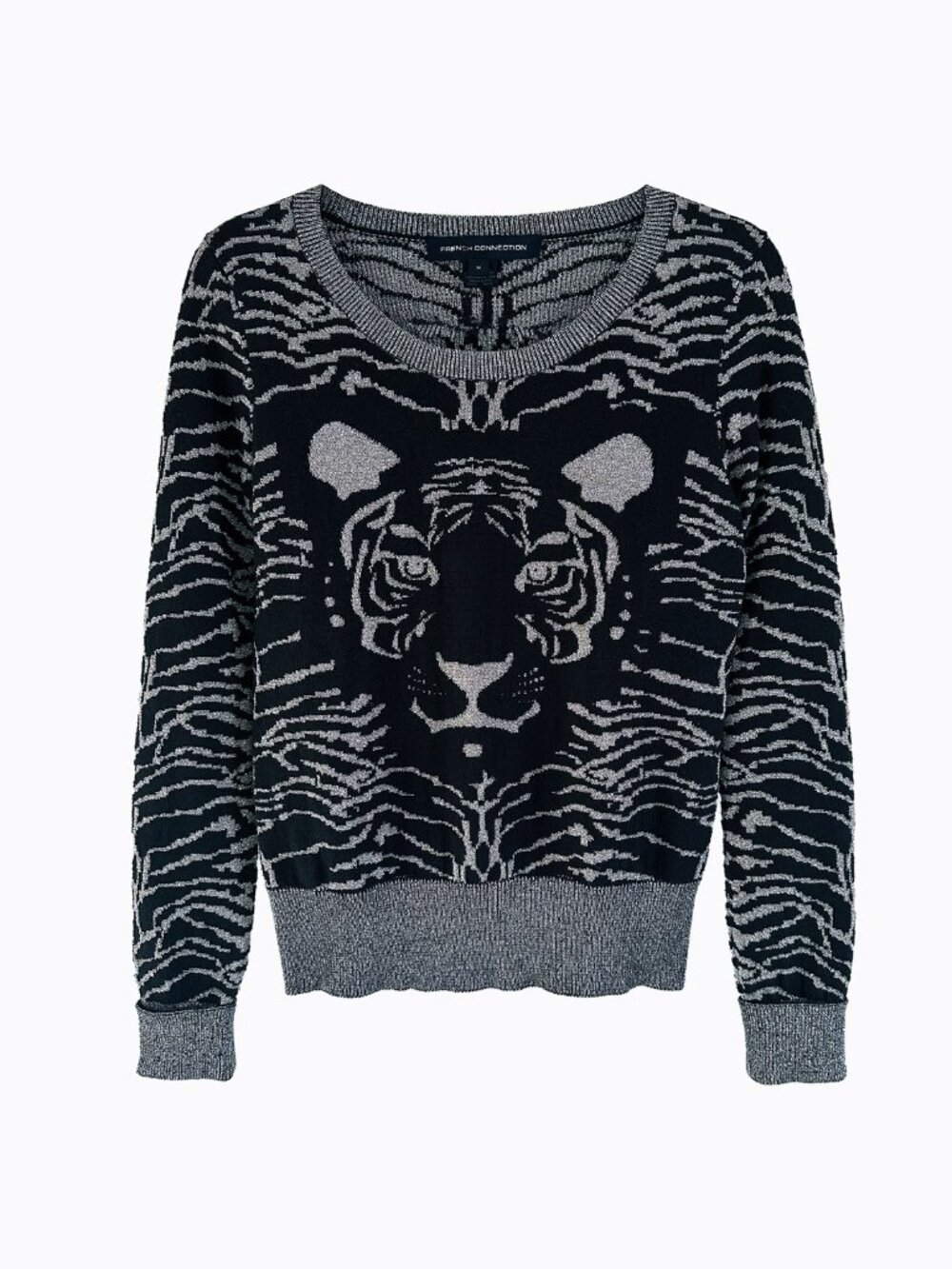 French Connection Black Silver Metallic Tiger Animal Print Knit Sweater Med Y2K
